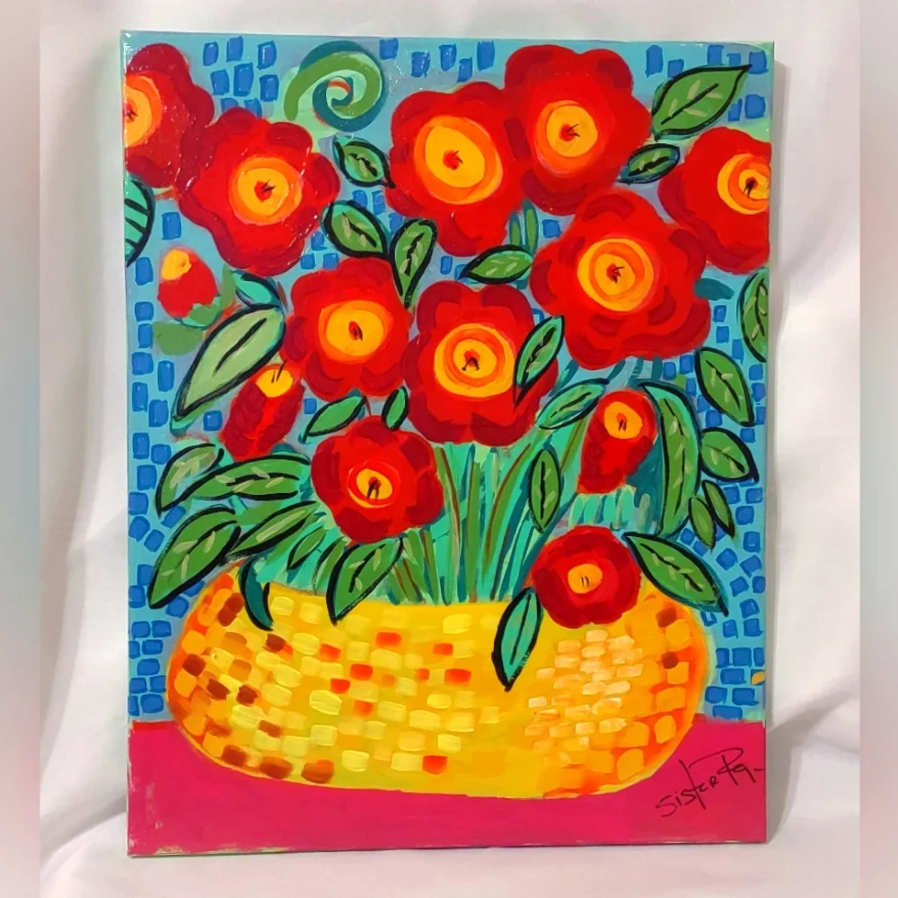 Sister Raya Signed Basket of Poppies Canvas Print - Picture 1 of 8